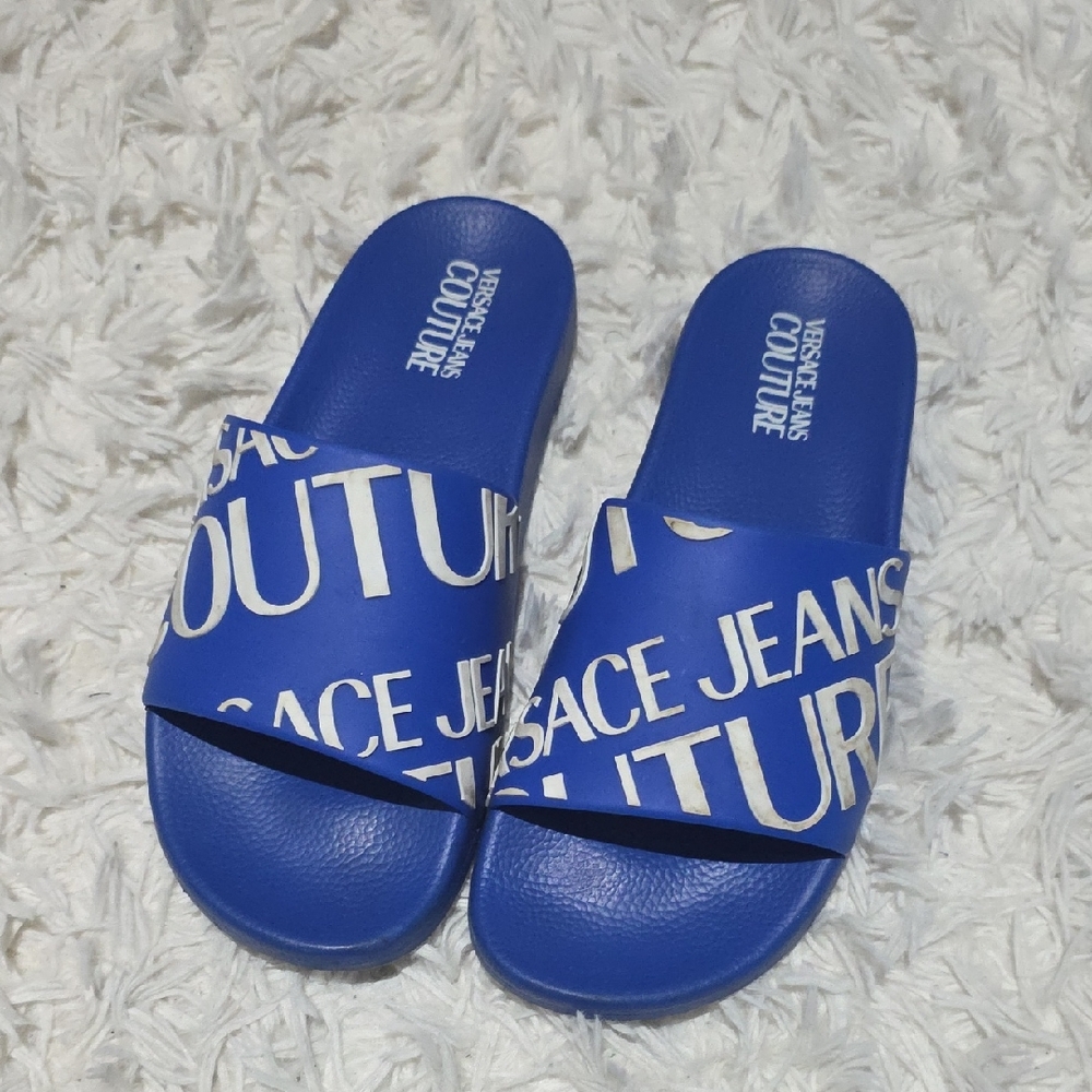 Versace Blue and White Slide Sandals